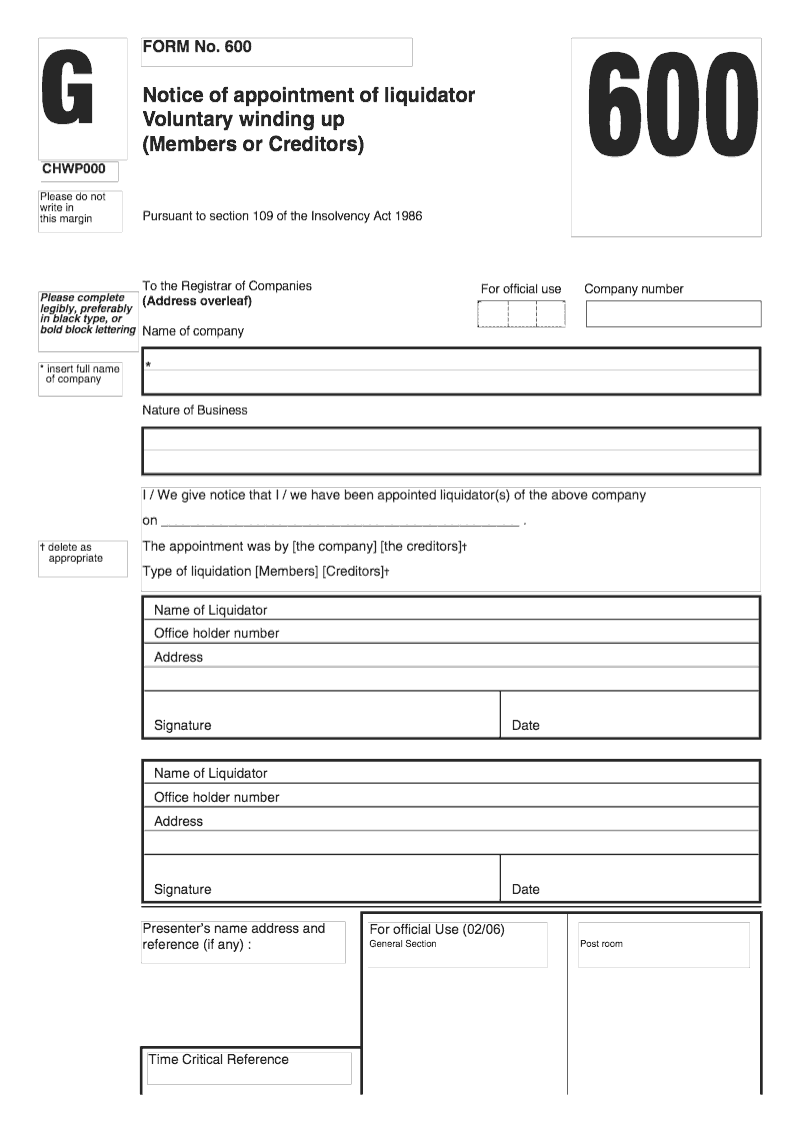 600 Scot Notice of appointment of liquidator Voluntary winding up Member or Creditors Pursuant to section 109 of the Insolvency Act 1986 Scotland only preview