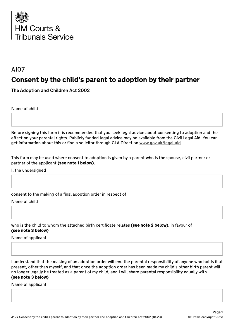 A107 Consent by the child s parent to adoption by their partner The Adoption and Children Act 2002 preview