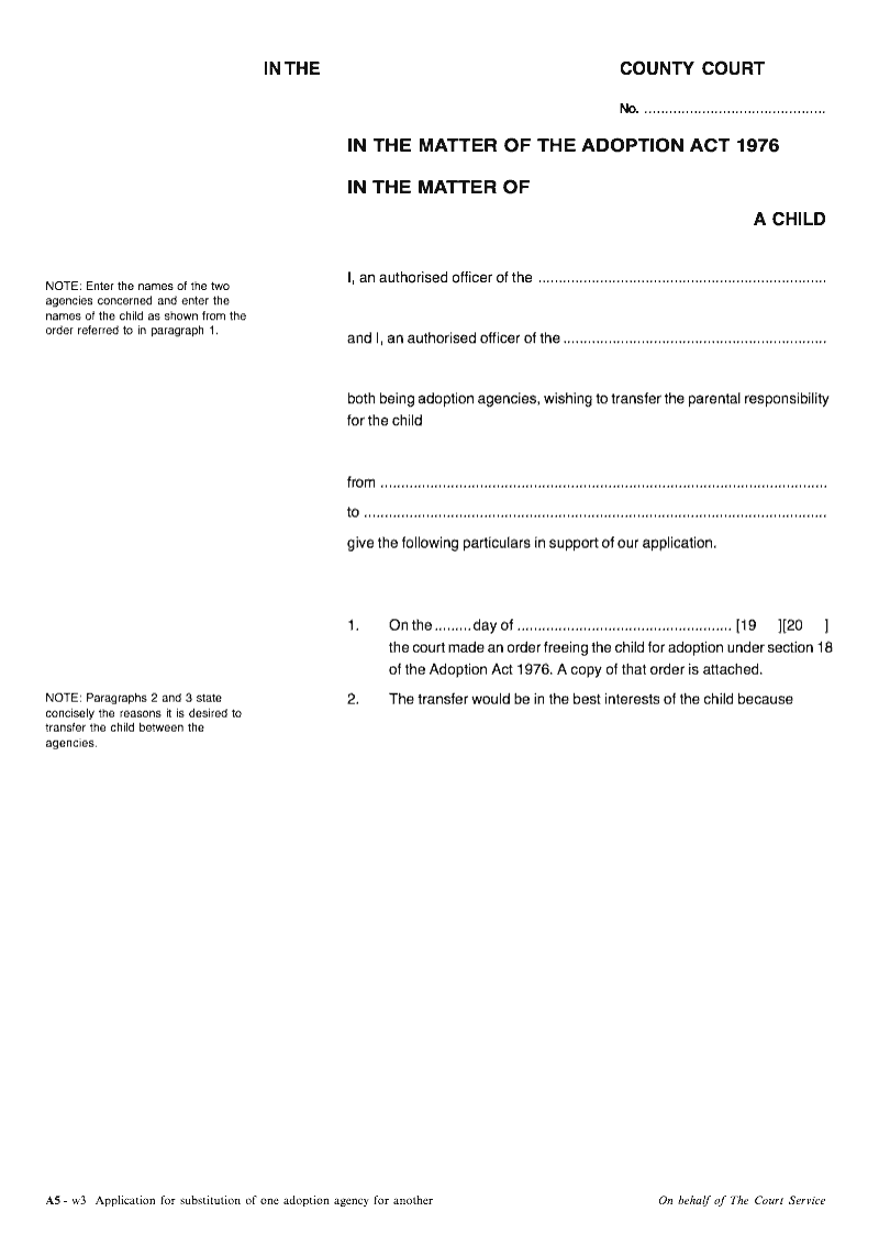 A5 Application for substitution of one adoption agency for another preview