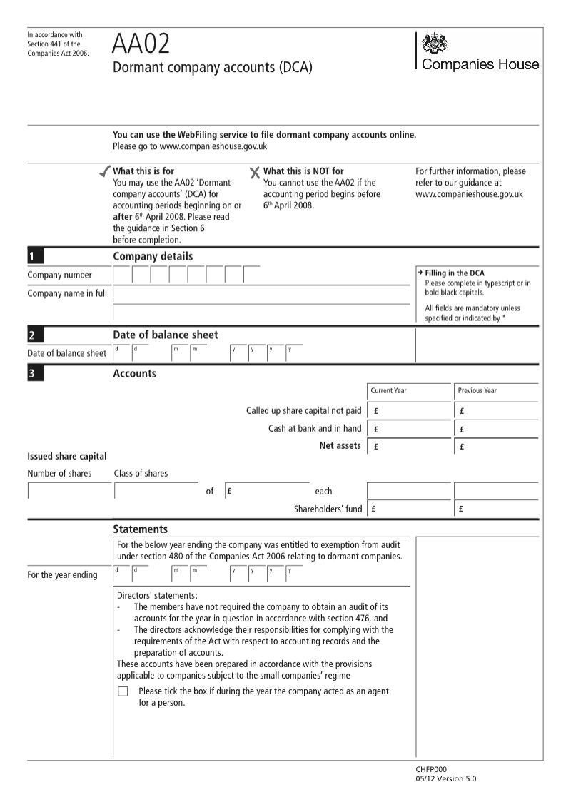 AA02 Dormant company accounts DCA Section 441 preview