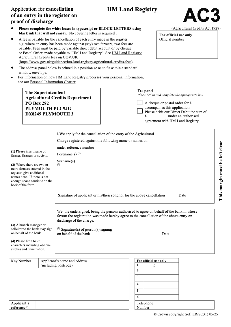 AC3 Application for cancellation of an entry in the register on proof of discharge Agricultural Credits Act 1928 preview