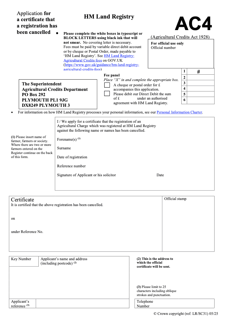 AC4 Application for a certificate that a registration has been cancelled Agricultural Credits Act 1928 preview