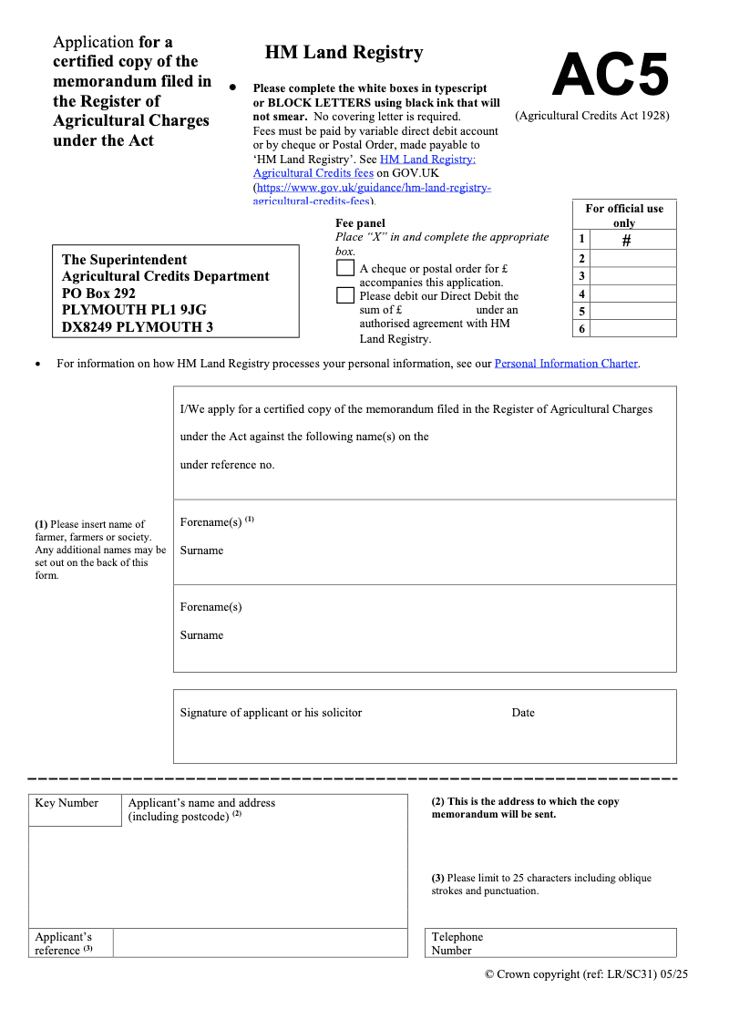AC5 Application for a certified copy of the memorandum filed in the Register of Agricultural Charges under the Act Agricultural Credits Act 1928 preview