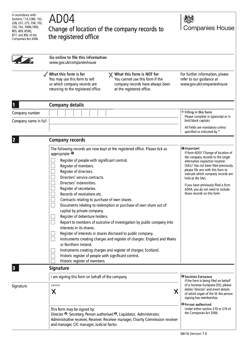 AD04 Change of location of the company records to the registered office preview