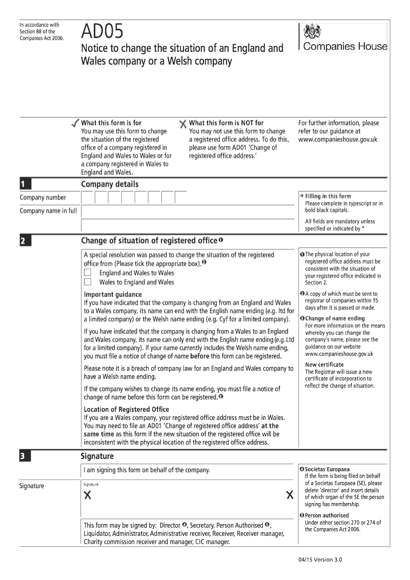 AD05 Notice to change the situation of an England and Wales company or a Welsh company Section 88 preview