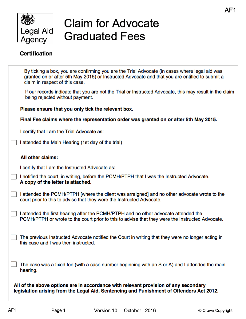 AF1 Claim for Advocate Graduated Fees