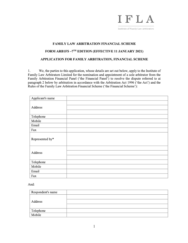 ARB1FS Application for family arbitration financial scheme electronic signature available preview
