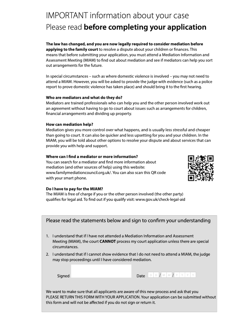 C100 Application under section 8 of the Children Act 1989 for a child arrangements, prohibited