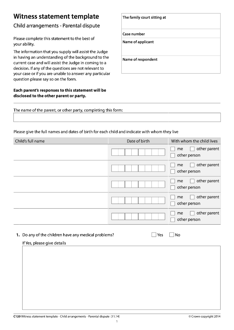 C120 Witness statement template Child arrangements Parental dispute preview