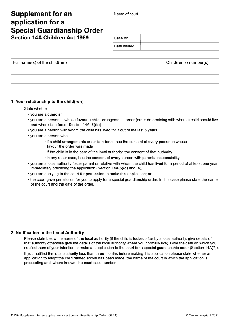 C13A Supplement for an application for a Special Guardianship Order Section 14A Children Act 1989 preview