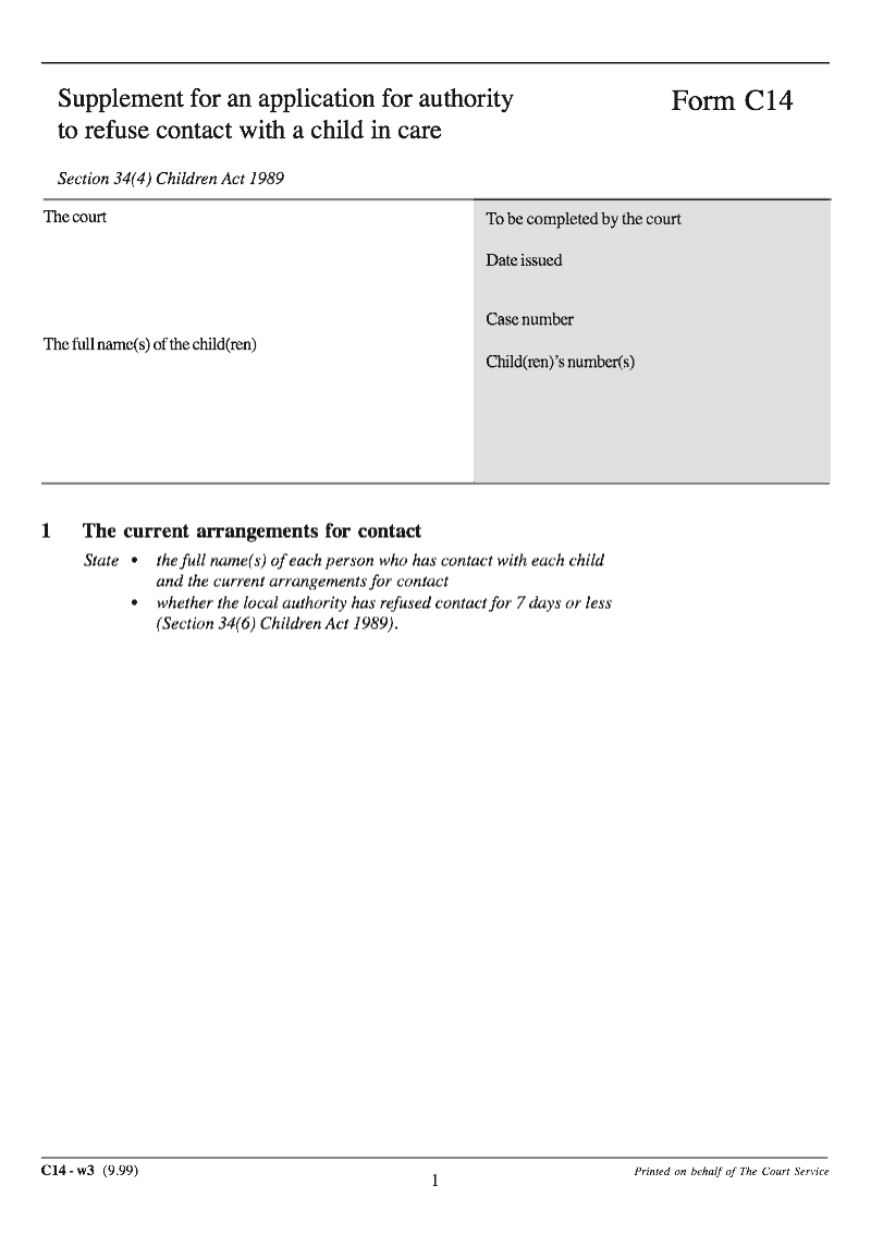 C14 Supplement for an application for authority to refuse contact with a child in care preview