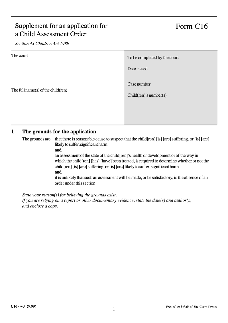 C16 Supplement for an application for a Child Assessment Order preview