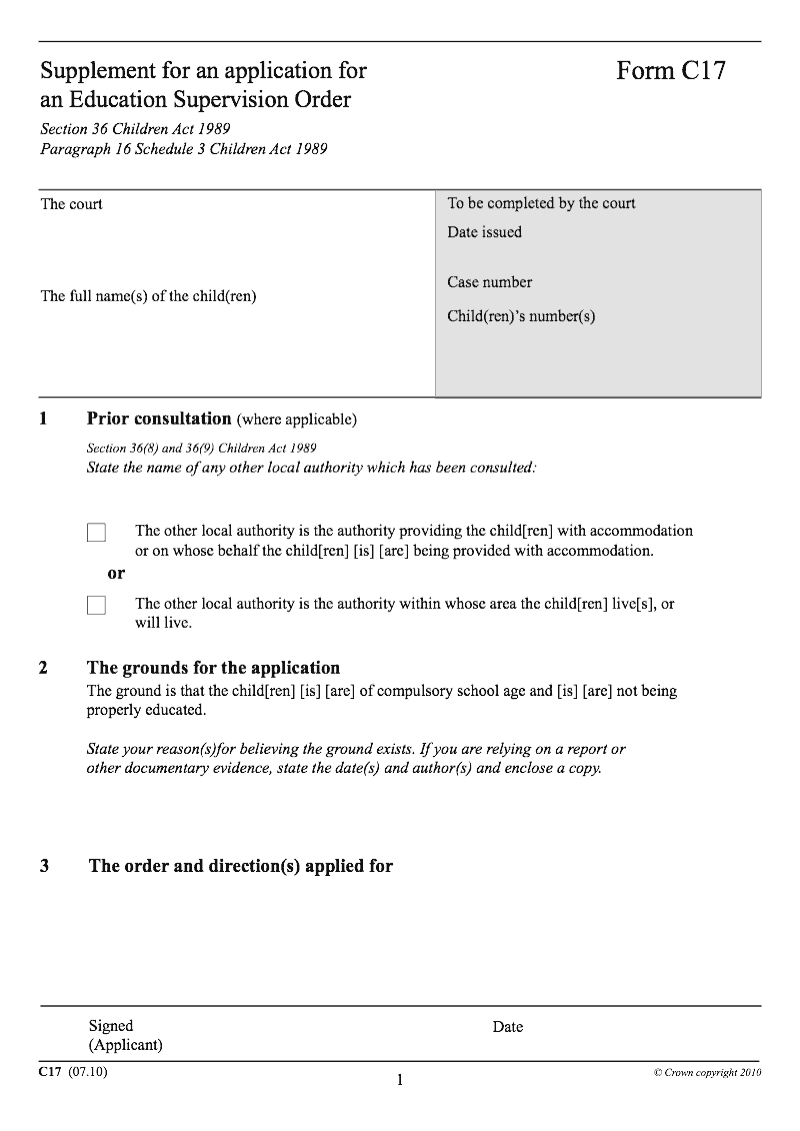 C17 Supplement for an application for an Education Supervision Order preview