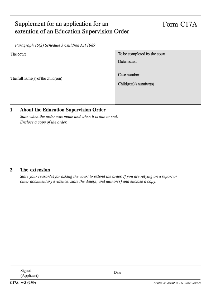 C17A Supplement for an application for an extention of an Education Supervision Order preview