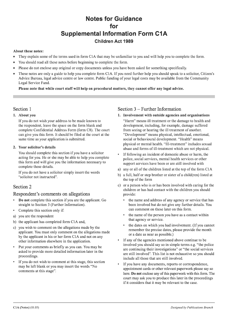 C1A Notes Notes for guidance for Supplemental Information Form C1A Allegations of harm and domestic violence Children Act 1989 preview