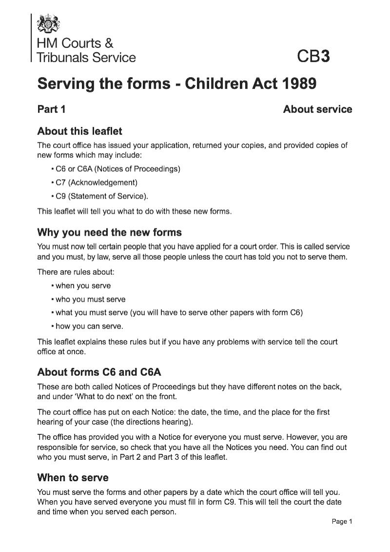 CB3 Guidance notes Serving the forms Children Act 1989 preview