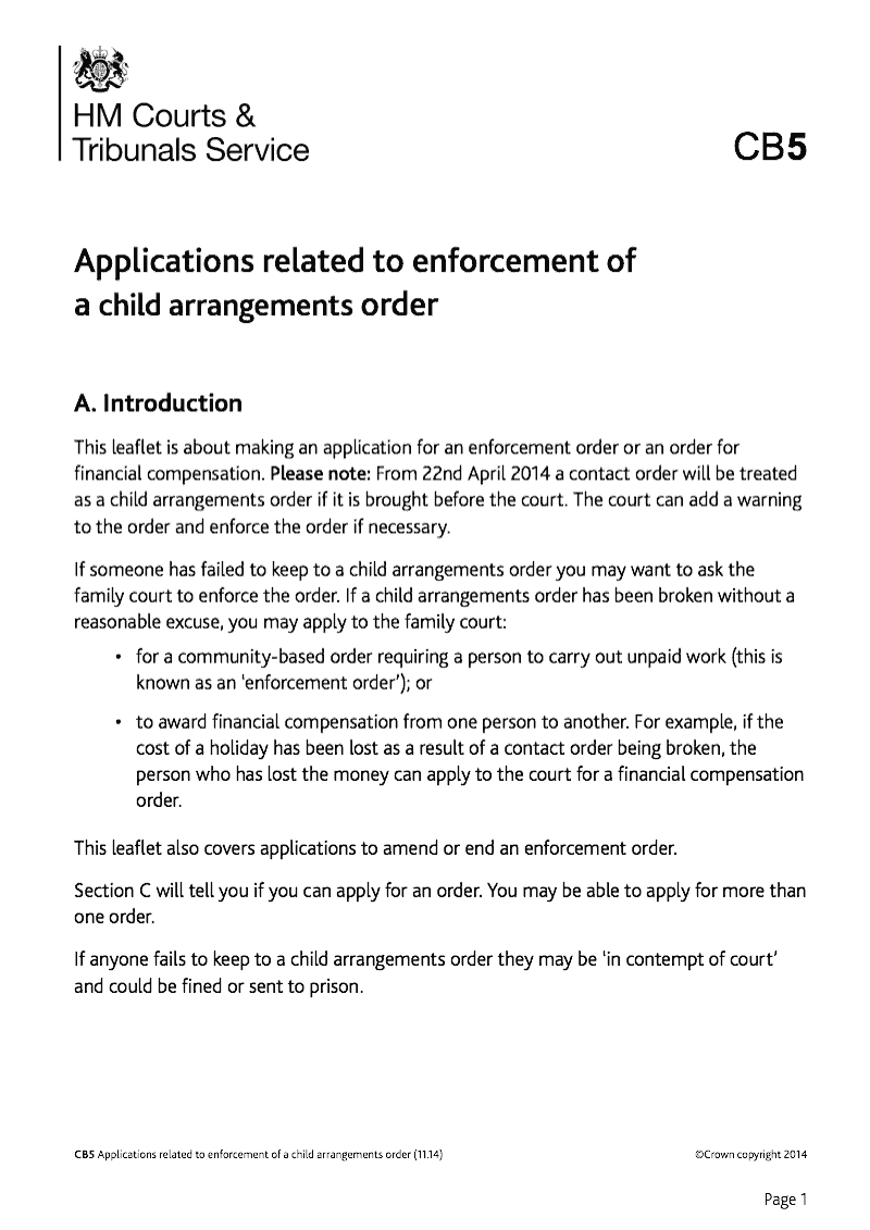 CB5 Guidance notes Applications related to enforcement of a child arrangements order preview