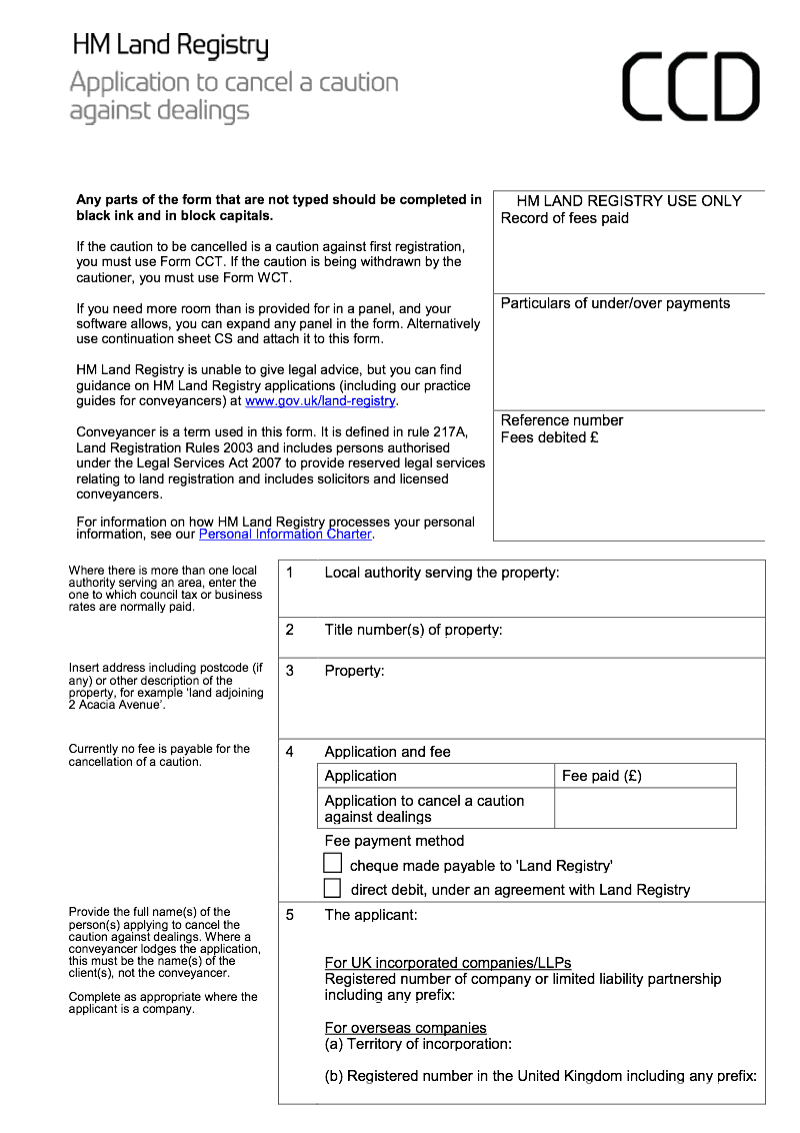 CCD Application to cancel a caution against dealings preview