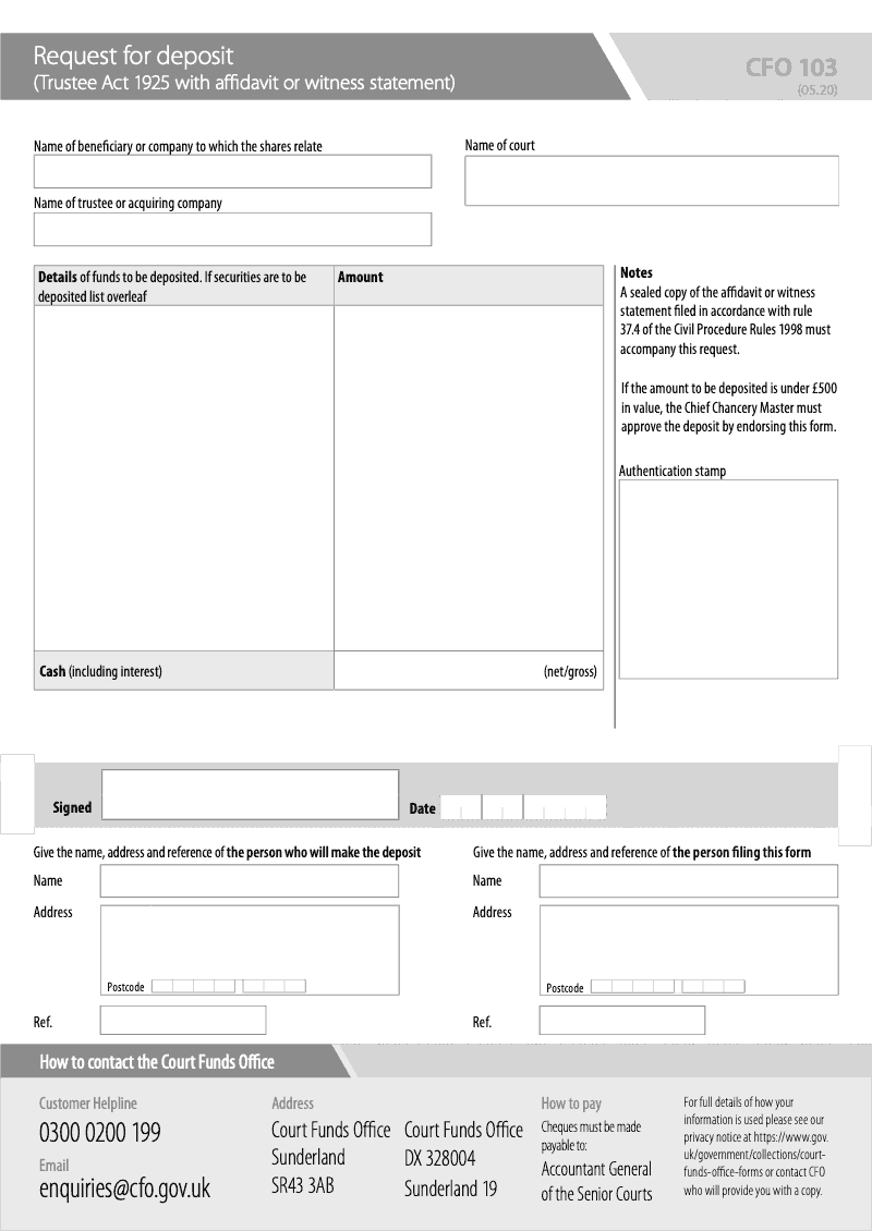 CFO 103 Request for deposit Trustee Act 1925 with affidavit or witness statement preview