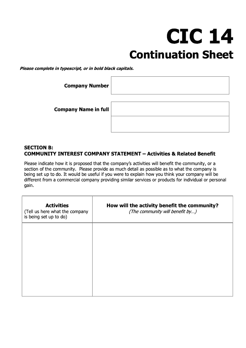 CIC14 Continuation sheet Section B continuation sheet CIC14 Application to alter the objects of a Community Interest Company preview