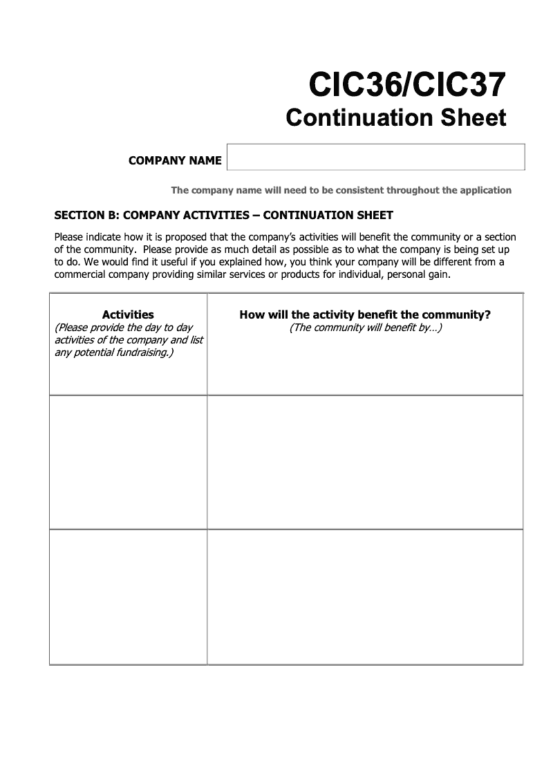CIC36 CIC37 Continuation sheet Section B continuation sheet CIC36 and CIC37