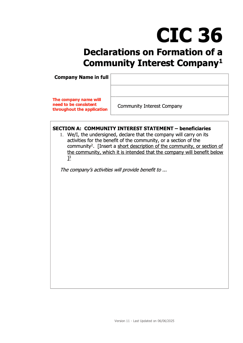 CIC36 Declarations on Formation of a Community Interest Company