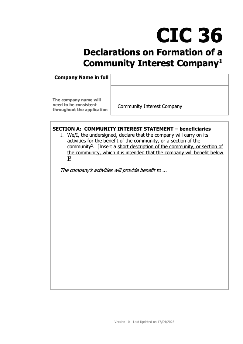 CIC36 Declarations on Formation of a Community Interest Company
