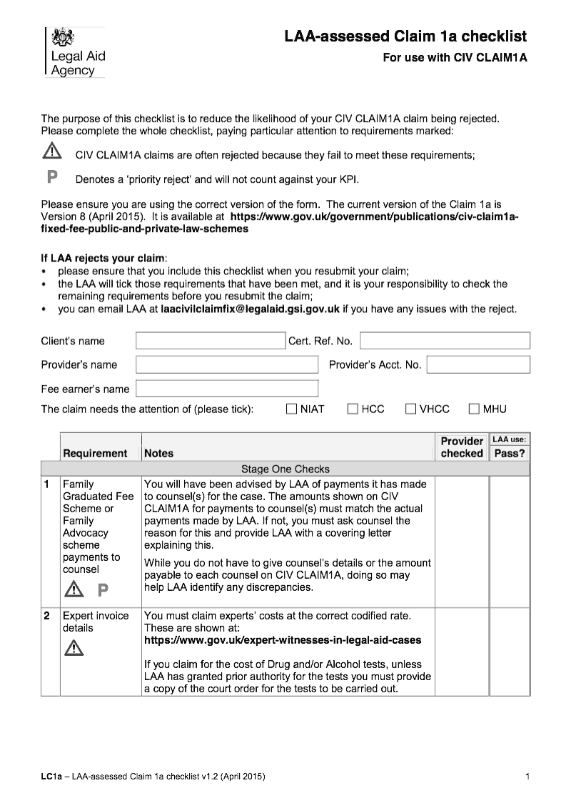 CIV CLAIM1A LC1a Checklist Legal Aid Agency LAA assessed Claim 1a checklist for use with CIV CLAIM1A Claim for assessment of costs or payment of costs following detailed assessment in civil cases preview