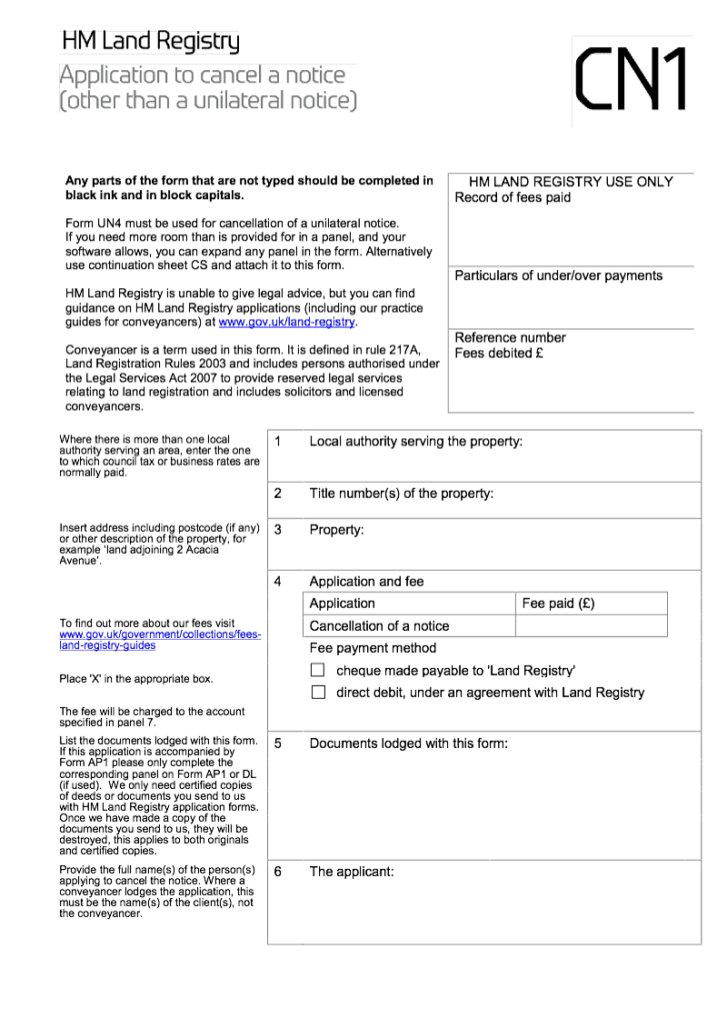 CN1 Application To Cancel A Notice other Than A Unilateral Notice 