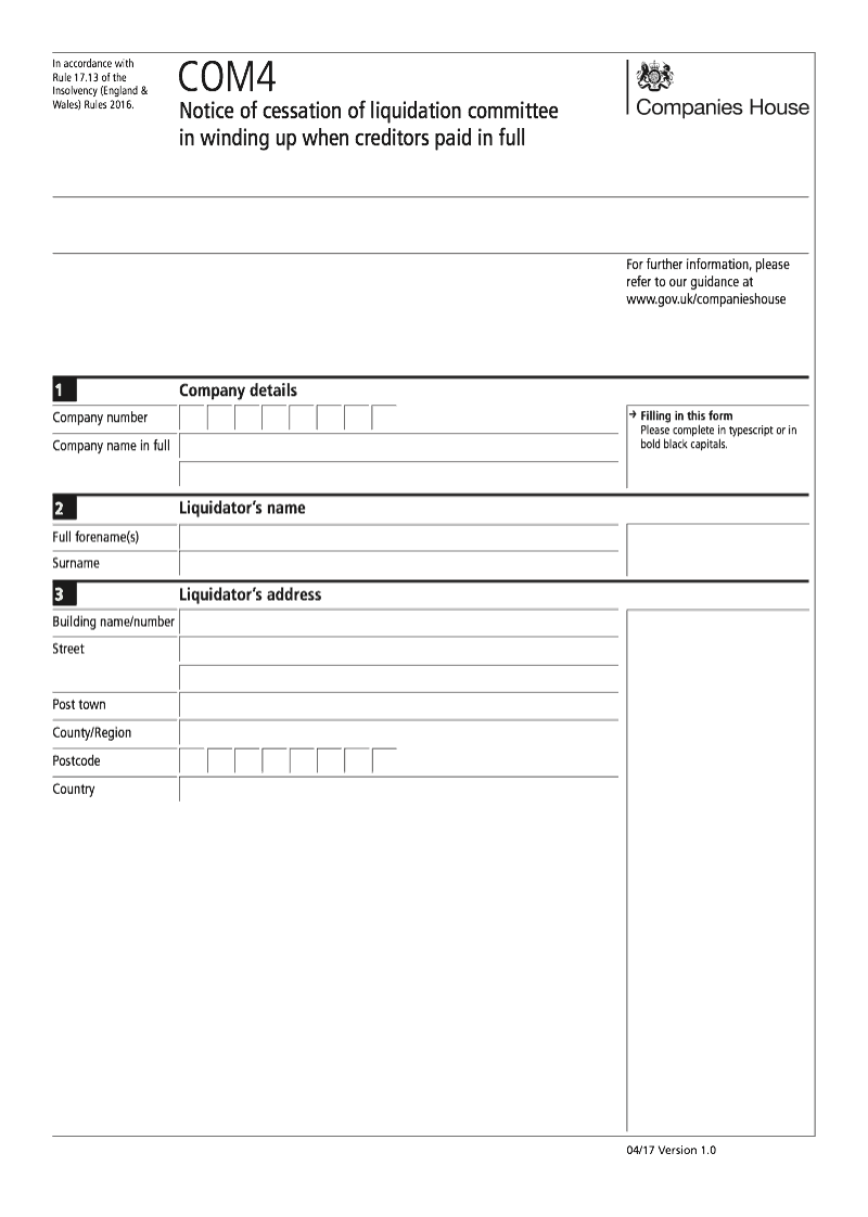 COM4 Notice of cessation of liquidation committee in winding up when creditors paid in full Rule 17 13 preview