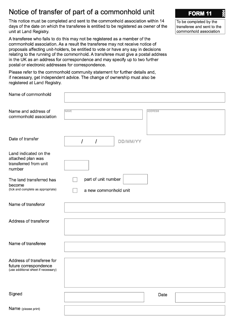 Commonhold 11 Notice of transfer of part of a commonhold unit Form 11 preview