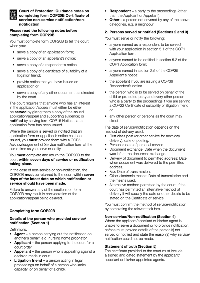 COP21B Guidance notes on completing form COP20B Certificate of service non service notification non notification preview