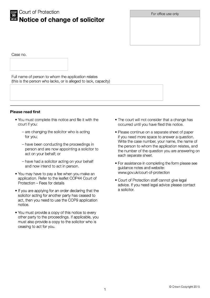 COP30 Notice of change of solicitor