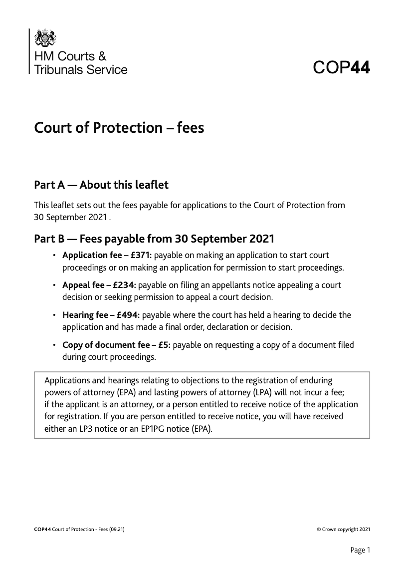 COP44 Court of Protection Fees exemptions and remissions leaflet preview