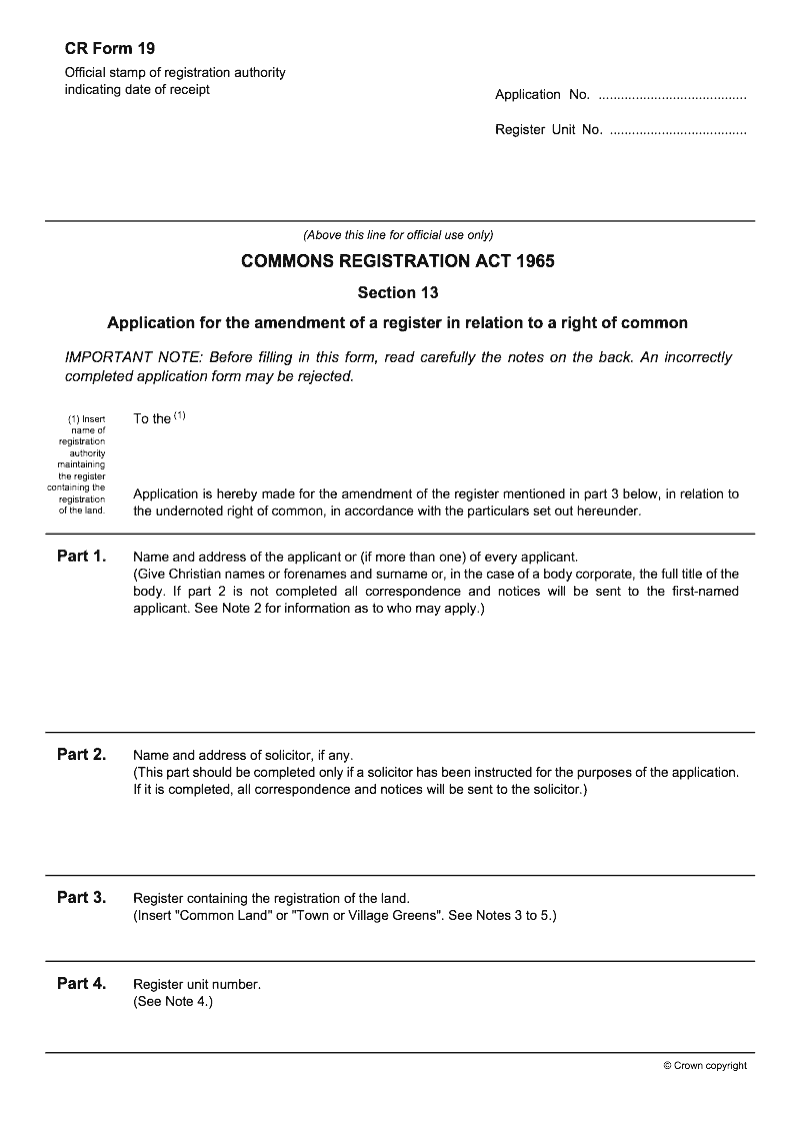 CR19 Application for the amendment of a register in relation to a right of common Commons Registration Act 1965 Section 13 preview