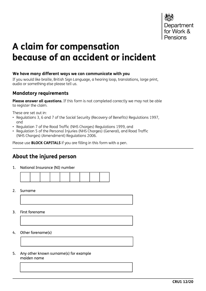 CRU1 Notification of a claim for compensation preview