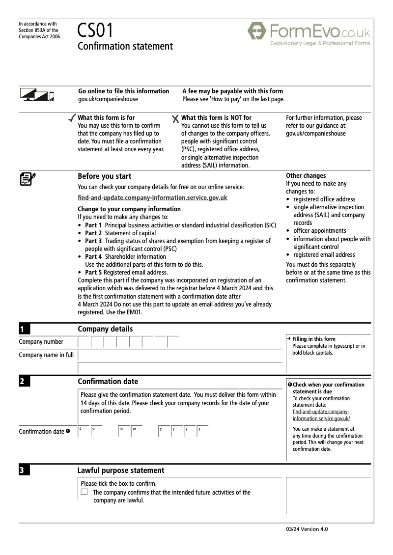 CS01 Confirmation statement Section 853A Companies Act 2006 preview