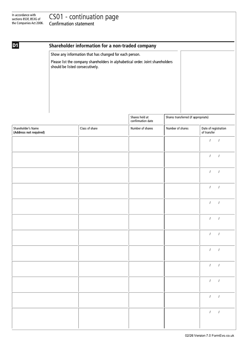 CS01 Continuation Page 3 Section D1 Shareholder information for a non traded company CS01 Confirmation statement Section 853D preview