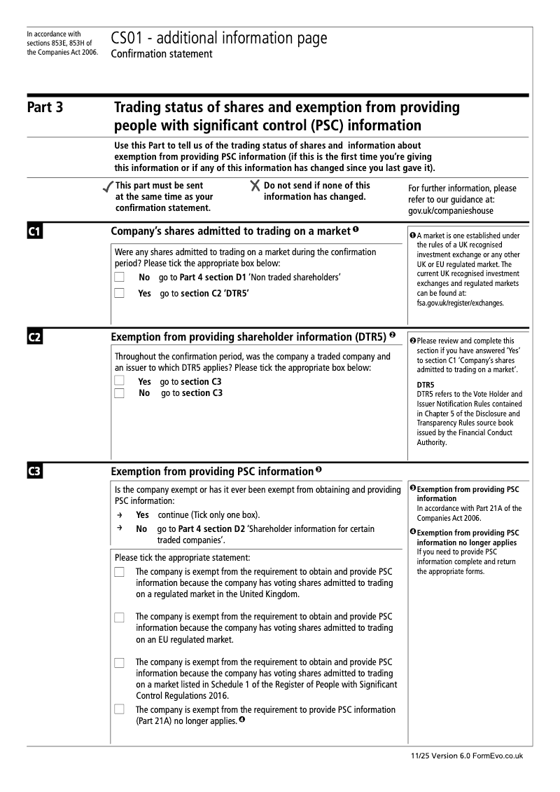 CS01 Part 3 Trading status of shares and exemption from keeping a register of people with significant control PSC Confirmation statement Section 853E and 853H preview