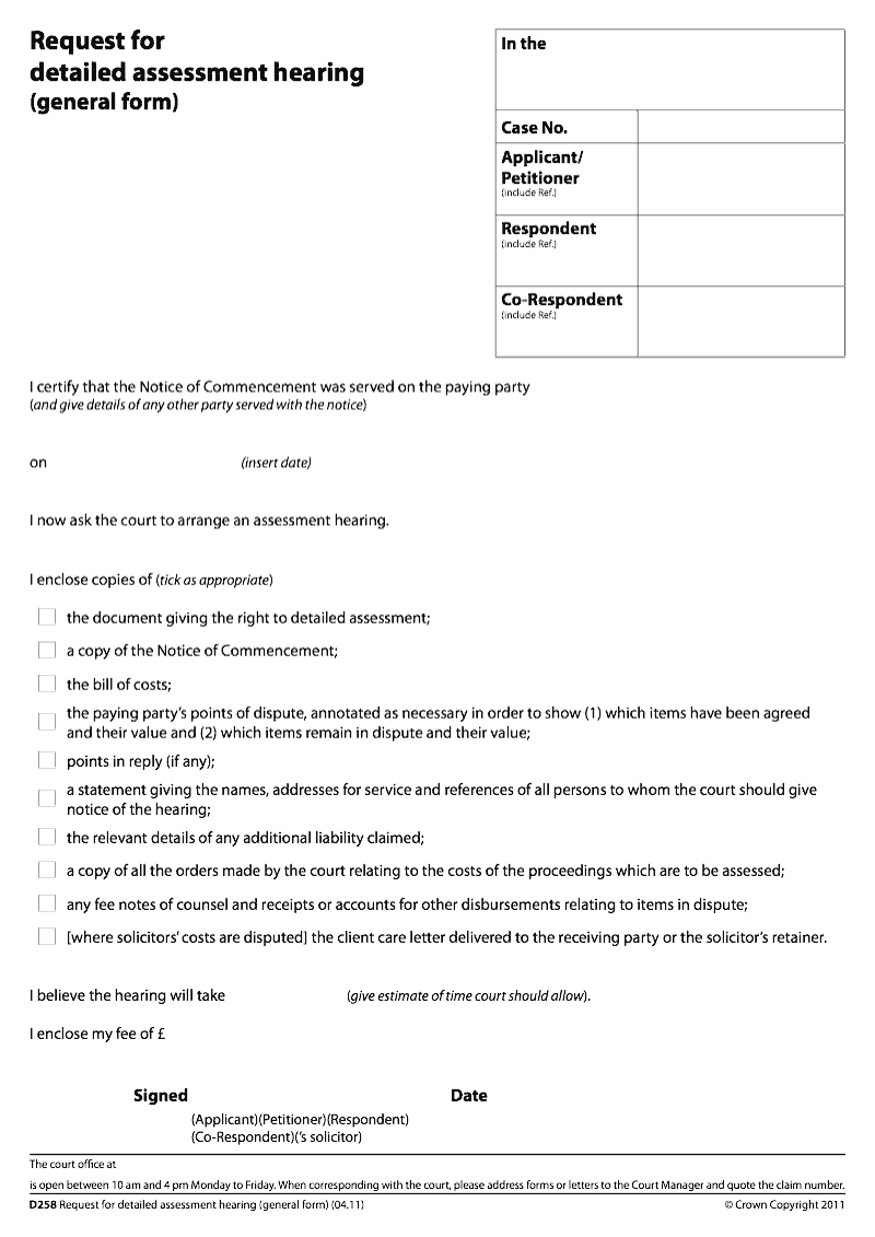 D258 Request for detailed assessment hearing general form preview