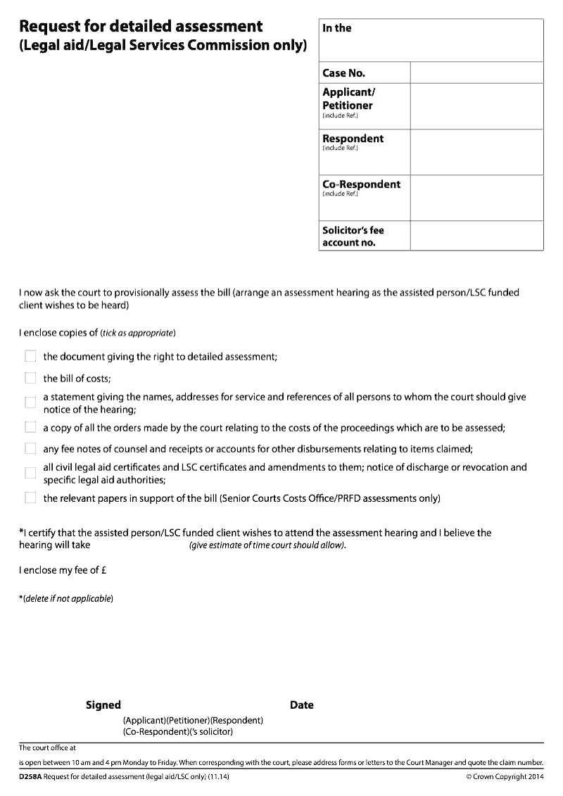 D258A Request for detailed assessment (Legal aid/Legal Services
