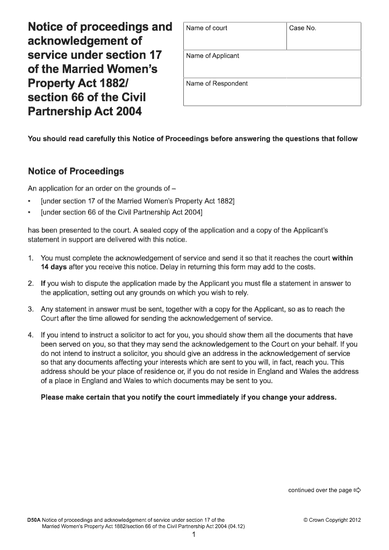 D50A Notice of proceedings and acknowledgement of service under section 17 of the Married Women s Property Act 1882 section 66 of the Civil Partnership Act 2004 preview