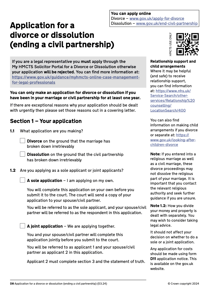 D8 Application for a Divorce or Dissolution ending a civil partnership electronic signature available preview