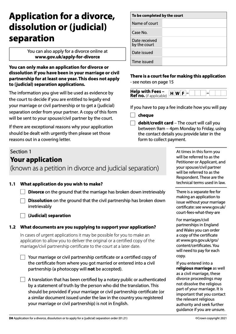 D8 PreApril 2022 Application for a Divorce dissolution or judicial separation pre April 2022 version preview