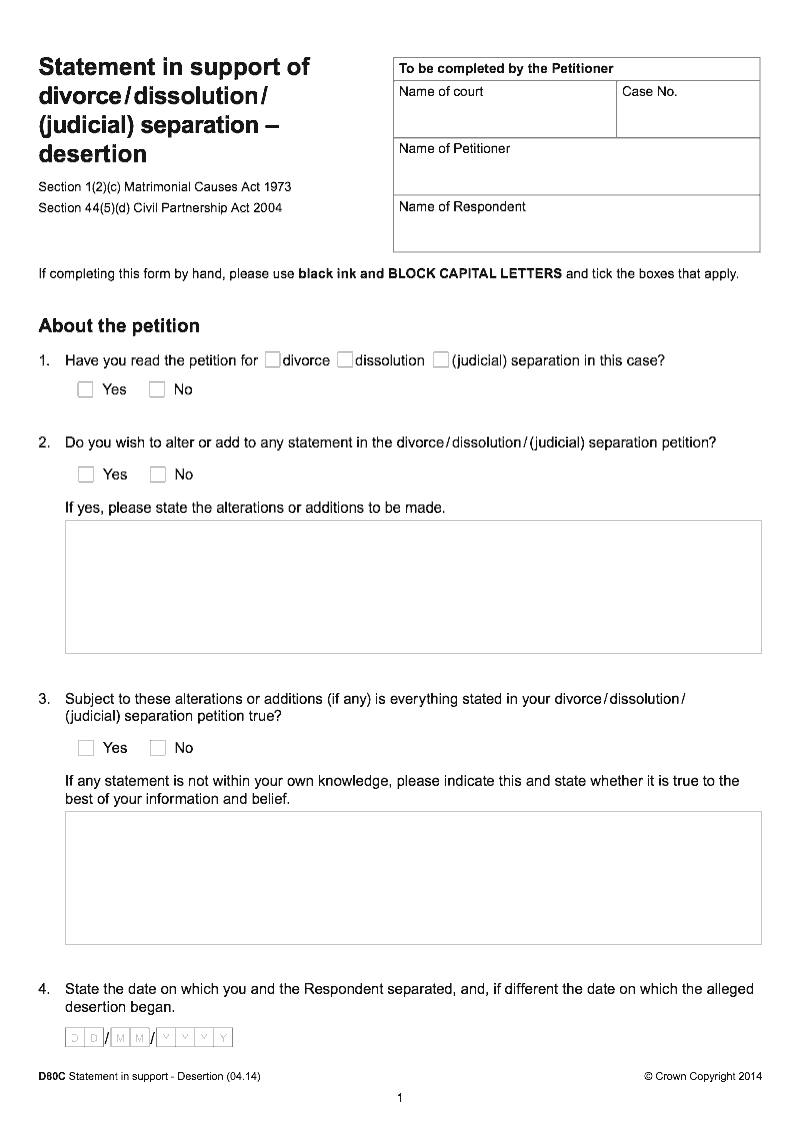 D80C Statement in support of divorce dissolution judicial separation desertion Section 1 2 c Matrimonial Causes Act 1973 and Section 44 5 d Civil Partnership Act 2004 preview
