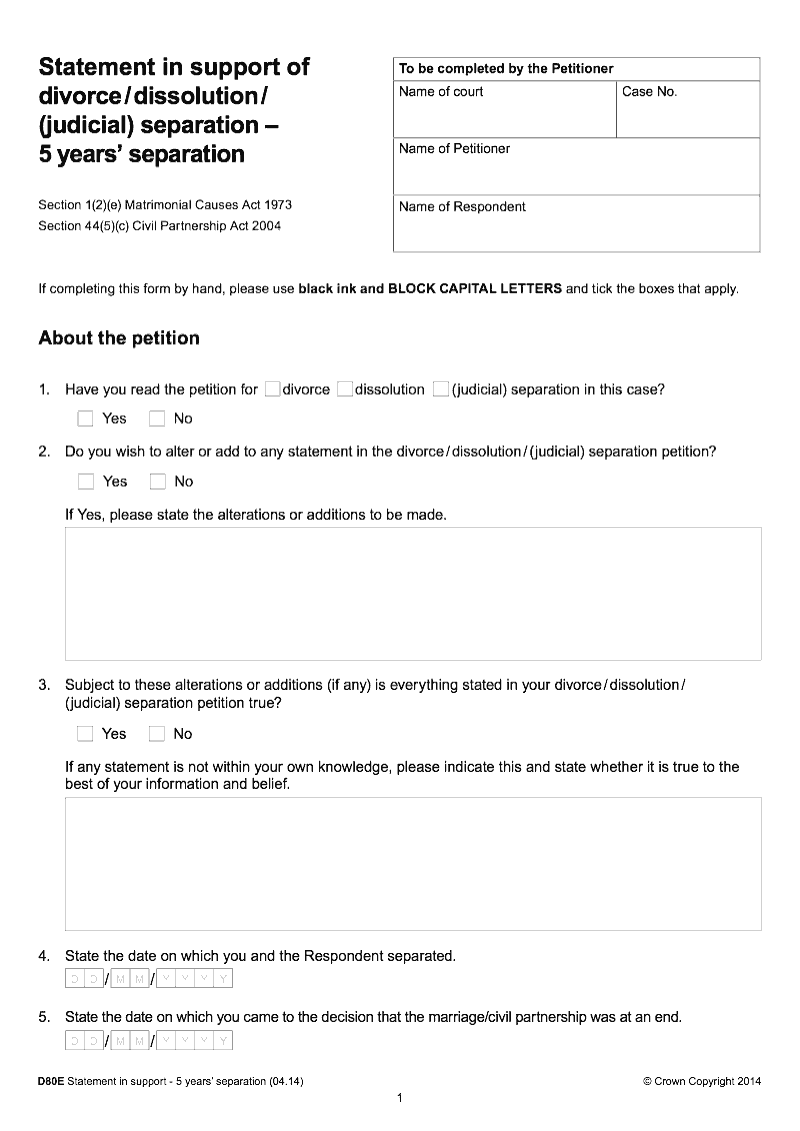 D80E Statement in support of divorce dissolution judicial separation 5 years separation Section 1 2 e Matrimonial Causes Act 1973 and Section 44 5 c Civil Partnership Act 2004 preview