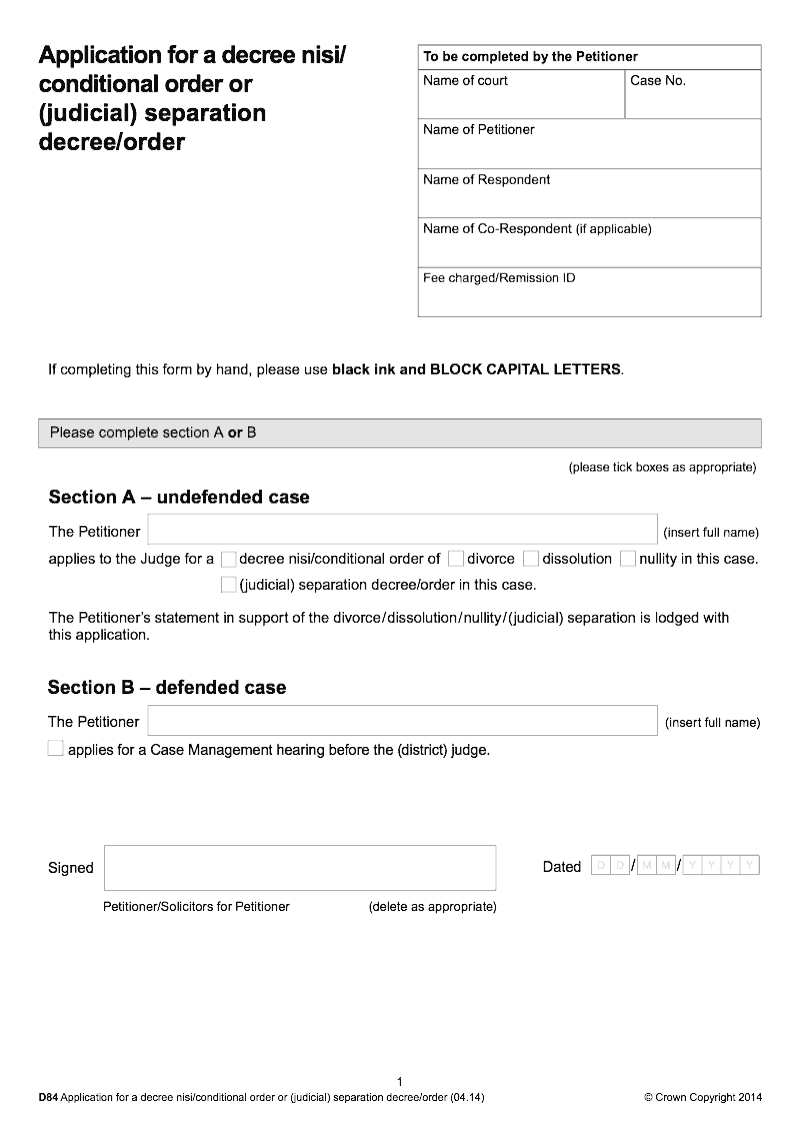 D84 Application for a decree nisi conditional order or judicial separation decree order preview