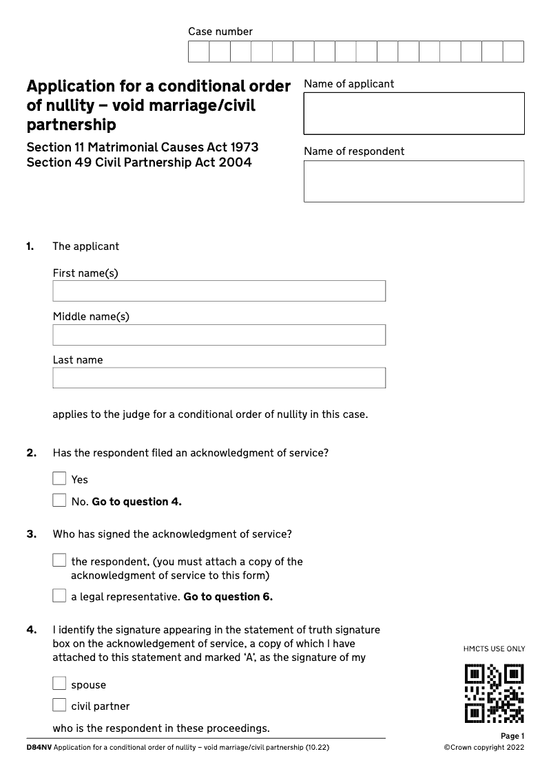 D84NV Application for a conditional order of nullity void marriage civil partnership electronic signature available preview