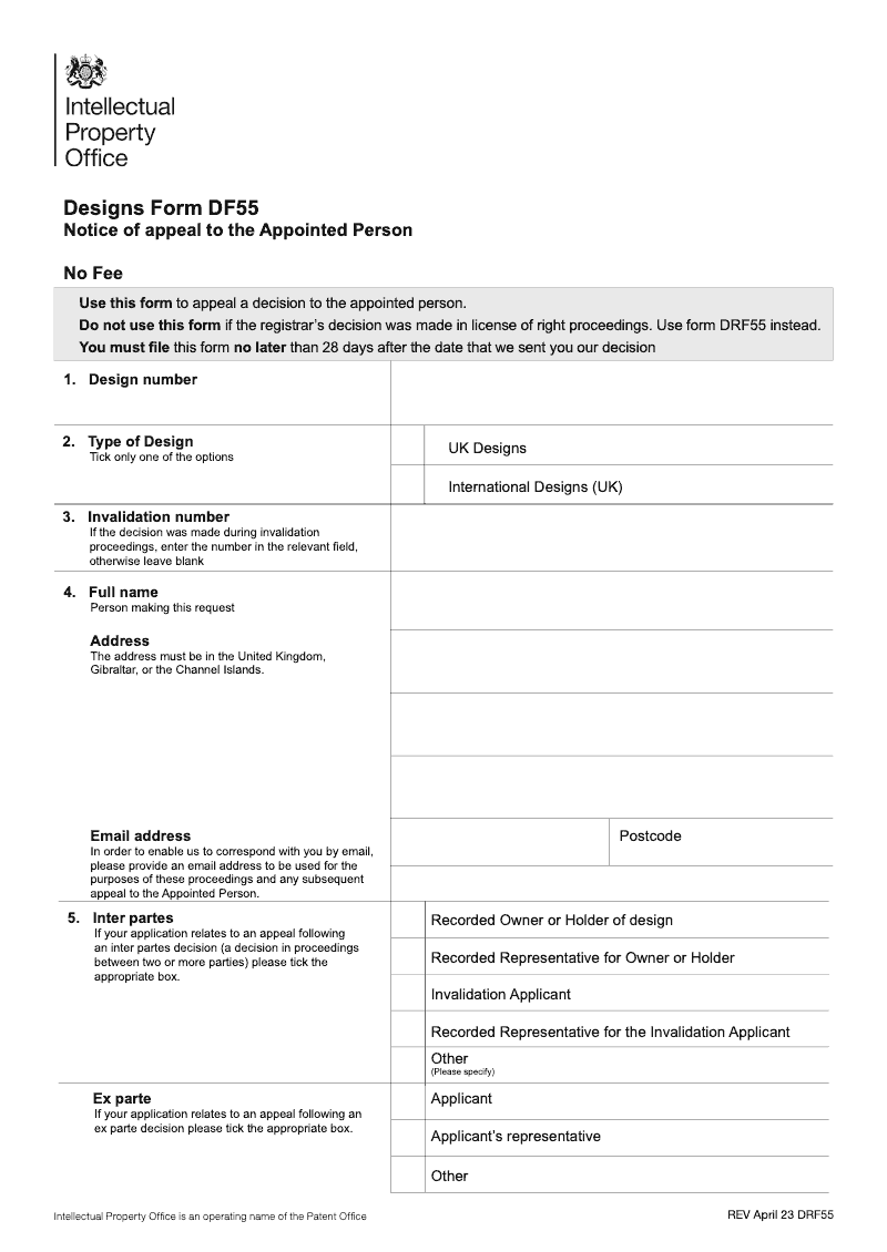 DF55 Notice of appeal to the appointed person preview