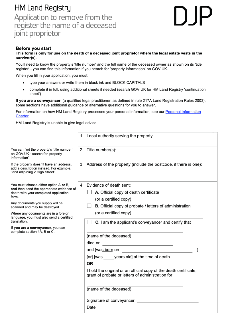 DJP Application to remove from the register the name of a deceased joint proprietor